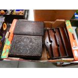 Box of letter rack, playing cards, board games and carved trinket boxes