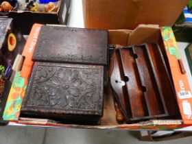 Box of letter rack, playing cards, board games and carved trinket boxes