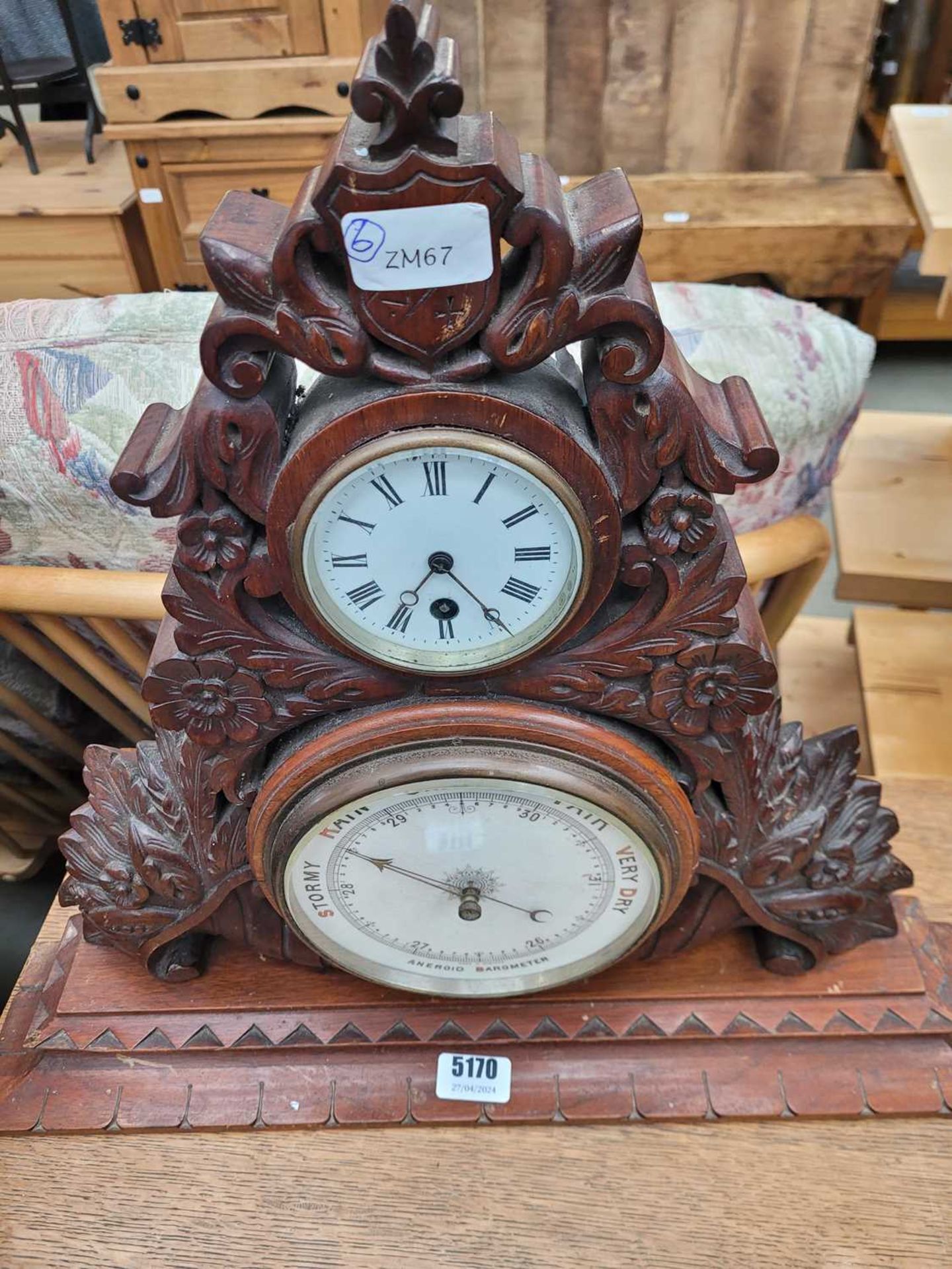 (5) Mantel clock with carved frame and barometer under Few minor chips to base - Image 4 of 5