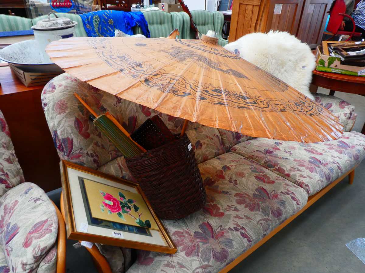 Wicker waste paper basket, Chinese parasols and some oriental floral prints
