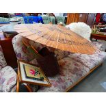 Wicker waste paper basket, Chinese parasols and some oriental floral prints