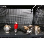 Cage of silver plate and silver inc. hip flask, 2 milk jugs, sugar bowl, toddy labels and