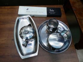 2 x stainless steel tray plus a 4 piece tea service and a carving set