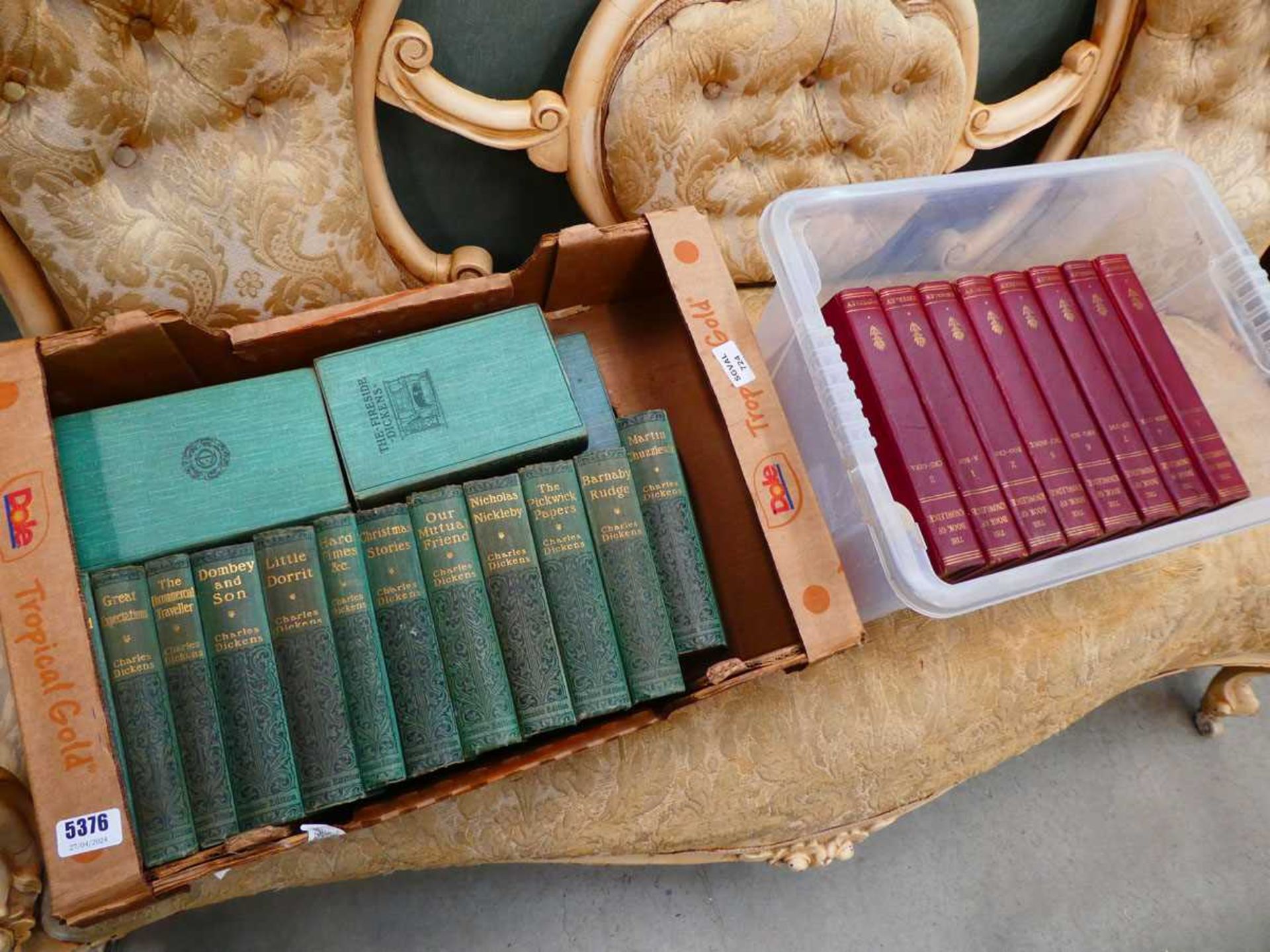 2 x boxes containing the works of Dickens (the fireside edition, 18 vols) plus The Book of Knowledge