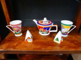 5 x pieces of Woodstock Wren Clarice Cliff style crockery