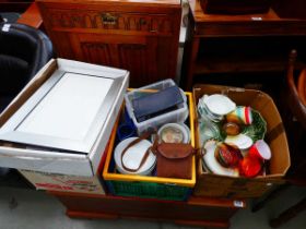 Four boxes containing picture frames, tabletop globe, barometer, camera, general glassware, boxes