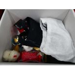 Box of ladies handbags, horse brasses and piggy banks