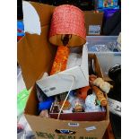 Box of table lamp, collectors plates, ornamental figures, general crockery and household goods