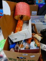 Box of table lamp, collectors plates, ornamental figures, general crockery and household goods