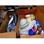 2 boxes containing Roslyn and Susie Cooper crockery, plus ornamental figures