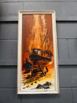 Oil on board - fishing boat in dry dock