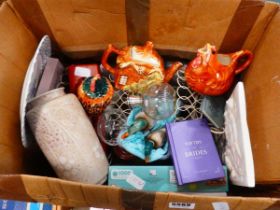 Box containing a novelty teapot, ornamental Mallard ducks plus studio pottery, fish patterned