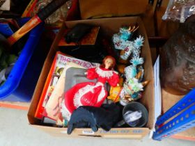 Box containing CD player, jewellery box, books, Chinese ornaments, and household goods