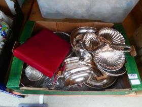 Box containing silver plate to include bon-bon dishes, teapots, fruit bowls, vases, tea strainer,