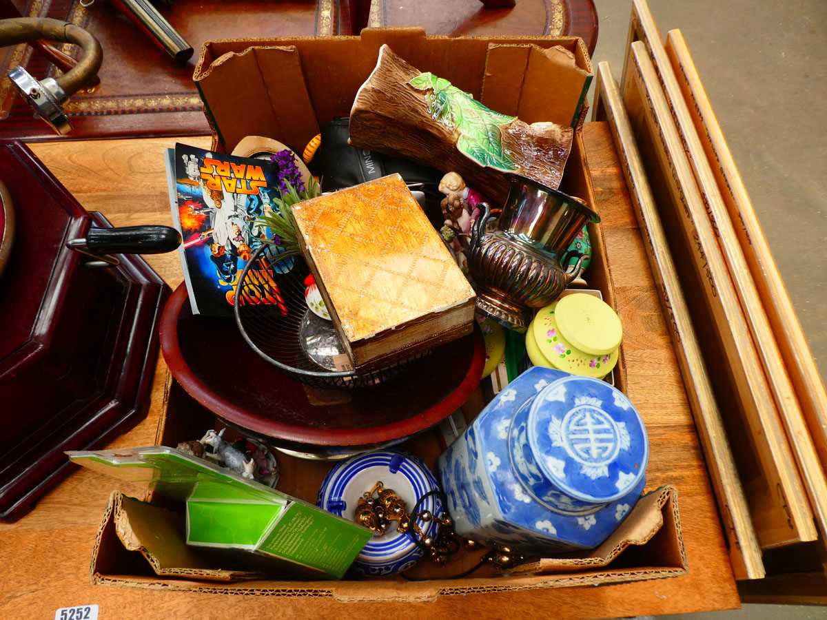 Box containing blue and white modern tea caddy, Hornsey vase, ornamental figures, treen, clocks