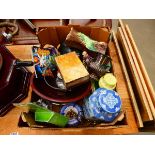 Box containing blue and white modern tea caddy, Hornsey vase, ornamental figures, treen, clocks