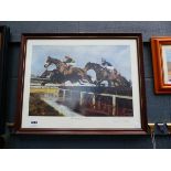 Framed and glazed David French horse racing print entitled "The Water Jump at Newbury'