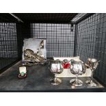Cage of loose cutlery plus goblets and a ring