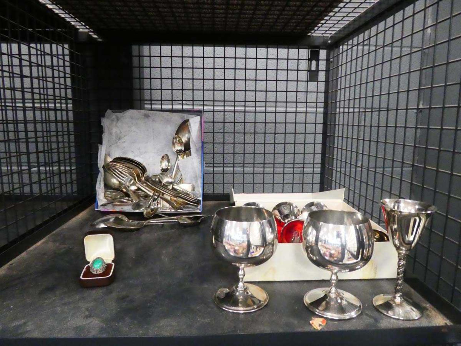 Cage of loose cutlery plus goblets and a ring