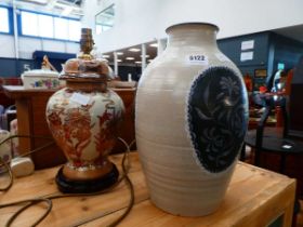 Pair of Chinese inspired table lamps plus a studio pottery vase