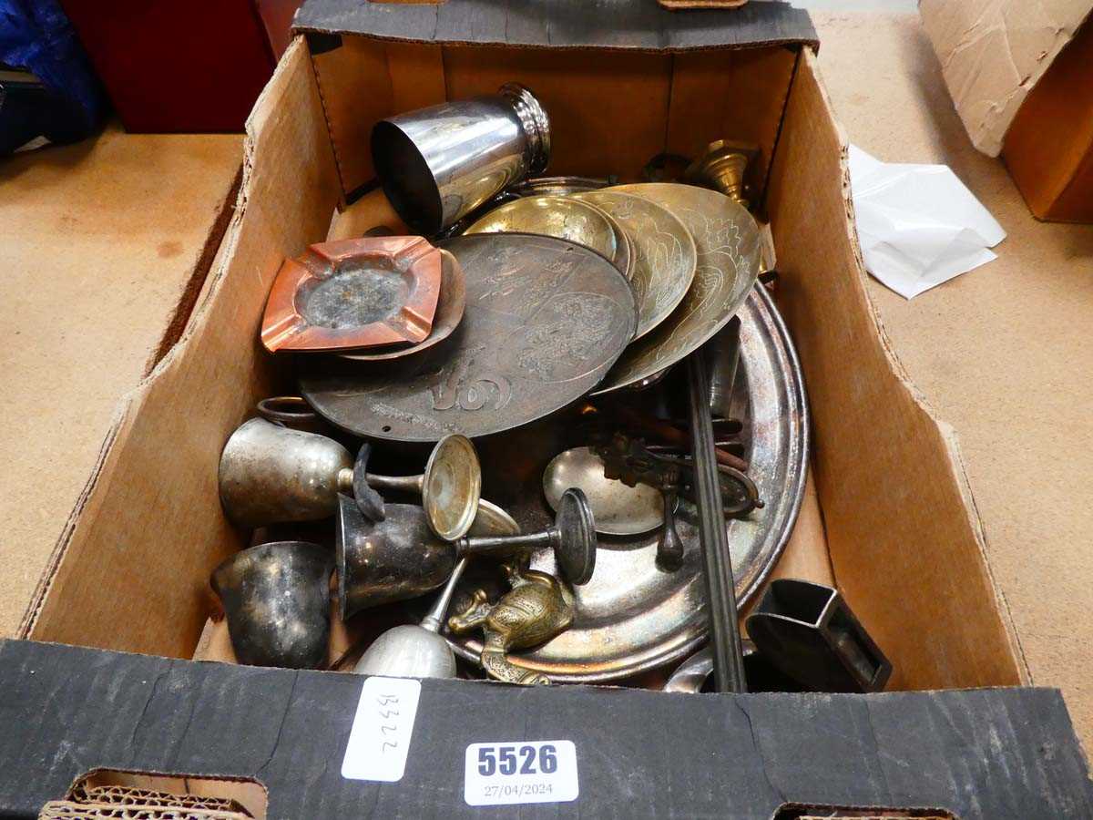 Box of copper and brass ware inc. shallow dishes, ashtrays and goblets
