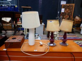 3 x glass and pottery table lamps with shades