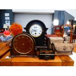Two dome topped mantel clocks plus a quantity of cameras and a compass