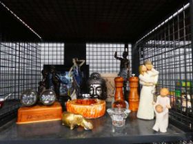 Cage containing pair of binoculars, brass hippo, Buddhas head, Masai figure plus a salt and pepper