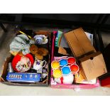 2 boxes containing children's toys, radio, export crockery, and household goods