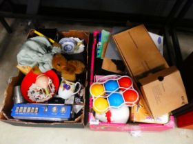 2 boxes containing children's toys, radio, export crockery, and household goods