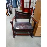 Child's oak armchair with leather seat and backrest