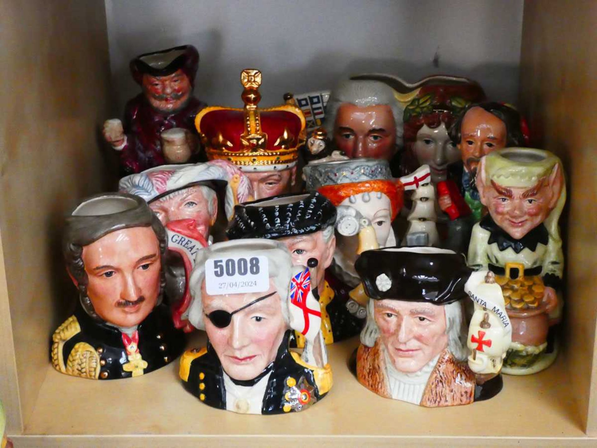 12 small character jugs to include Lord Nelson, Joint Lord Nelson and Lady Hamilton, Elizabeth I