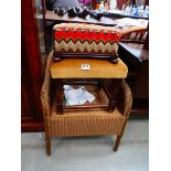 Lloyd Loom style chair plus two upholstered stools