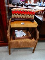 Lloyd Loom style chair plus two upholstered stools