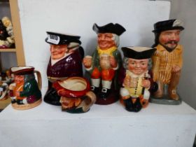 6 various sized Character Jugs, to include kneeling Francis Drake, the Huntsman etc.