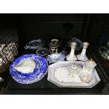 Cage containing blue and white crockery, dressing table tidy plus Jasper Ware