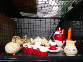 Cage of Wedgwood coffee service, Clarice Cliff and Susie Cooper butter/cheese dish, jugs plus