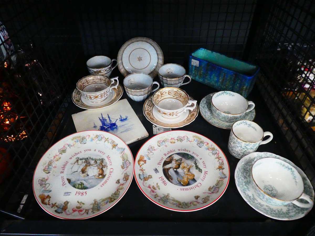 Cage containing various cups and saucers plus Wedgwood Christmas plates