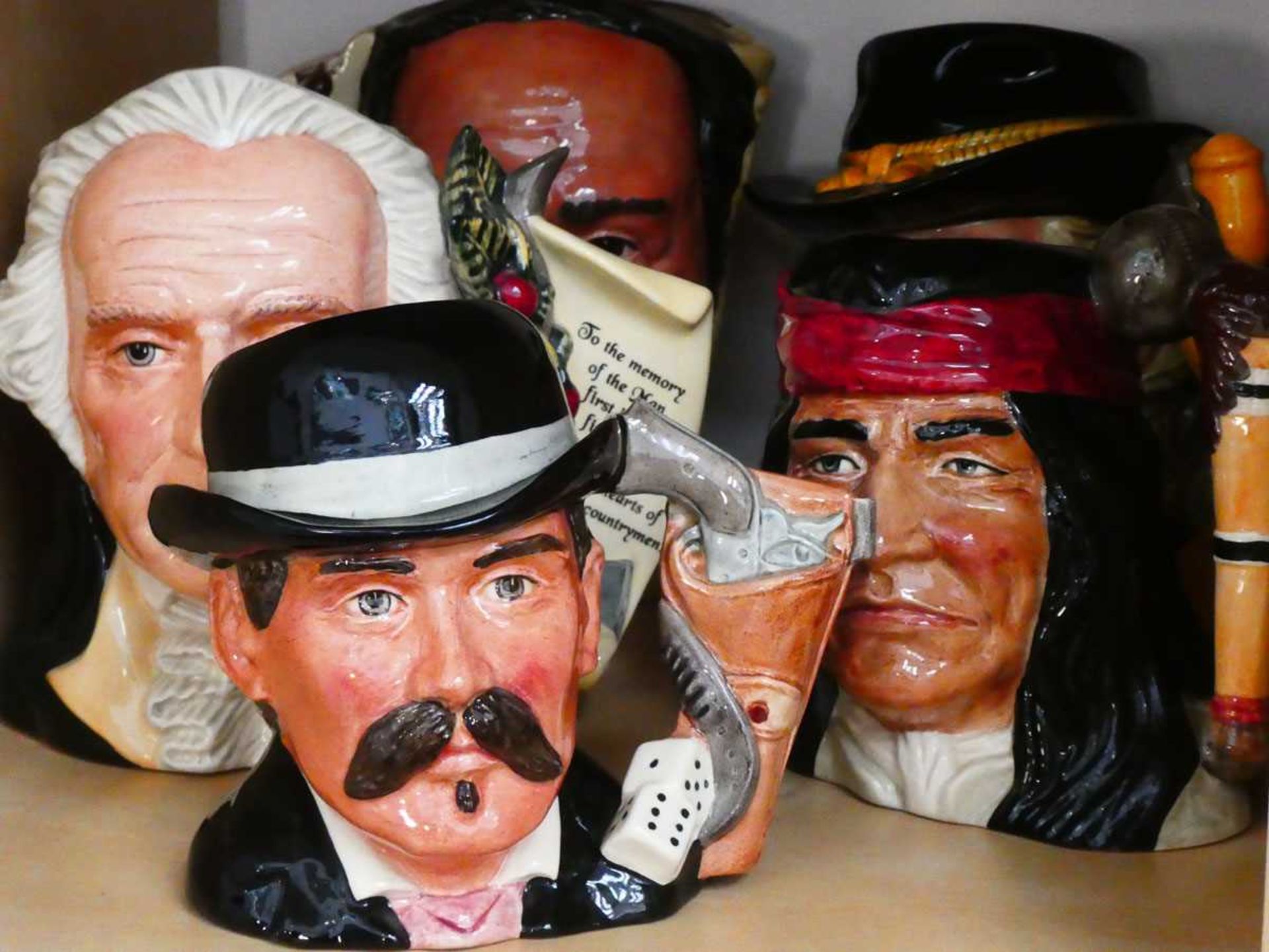 9 various sized Character Jugs depicting famous Americans, to include Annie Oakley, Doc Holliday - Image 3 of 3