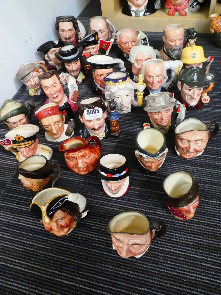 Approx. 25 small character jugs depicting various figures, to include Henry Morgan, Beefeater, jug