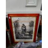 Engraving of Christ with the lambs in birds eye maple frame