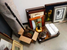 2 x boxes containing 3 x oil lamps, 2x fie insurance plaques/marks, bellows, miner's lamp, carbide