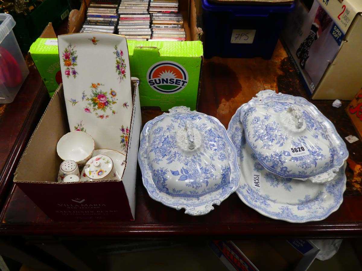 2 blue and white floral patterned tureens plus Minton china inc. dishes, egg cups and salt and