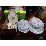 2 blue and white floral patterned tureens plus Minton china inc. dishes, egg cups and salt and