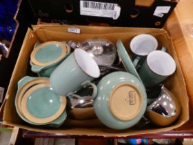 Box containing Denby crockery plus a stainless steel tea service