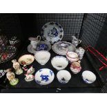 Cage of ornamental m Staffordshire figures, blue and white china and floral patterned crockery