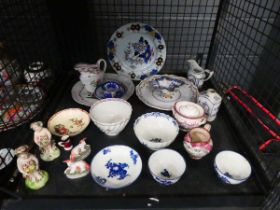 Cage of ornamental m Staffordshire figures, blue and white china and floral patterned crockery