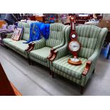 Three seater sofa with exposed beech frame plus a pair of matching armchairs