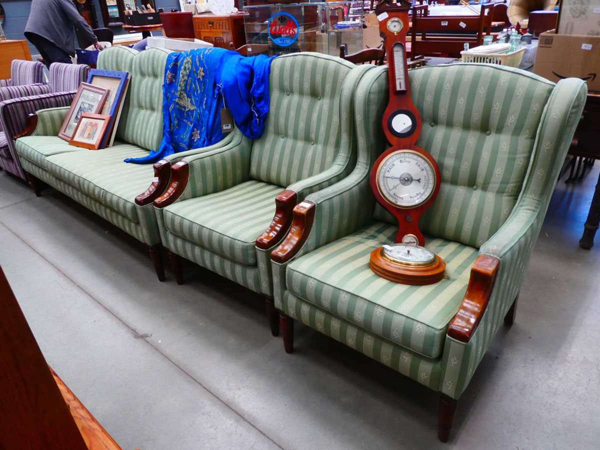 Three seater sofa with exposed beech frame plus a pair of matching armchairs