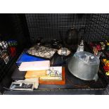 Cage containing preserve pan, silver plate to include jug and kettle, plus clutch bag, souvenir